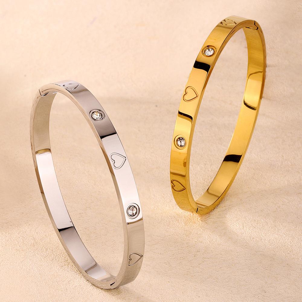 Htpwe Stainless Steel Zirconium Embossed Bracelet Set For Women 18k Gold Plated Couple Holiday Gift Bracelet Party Daily Zircon