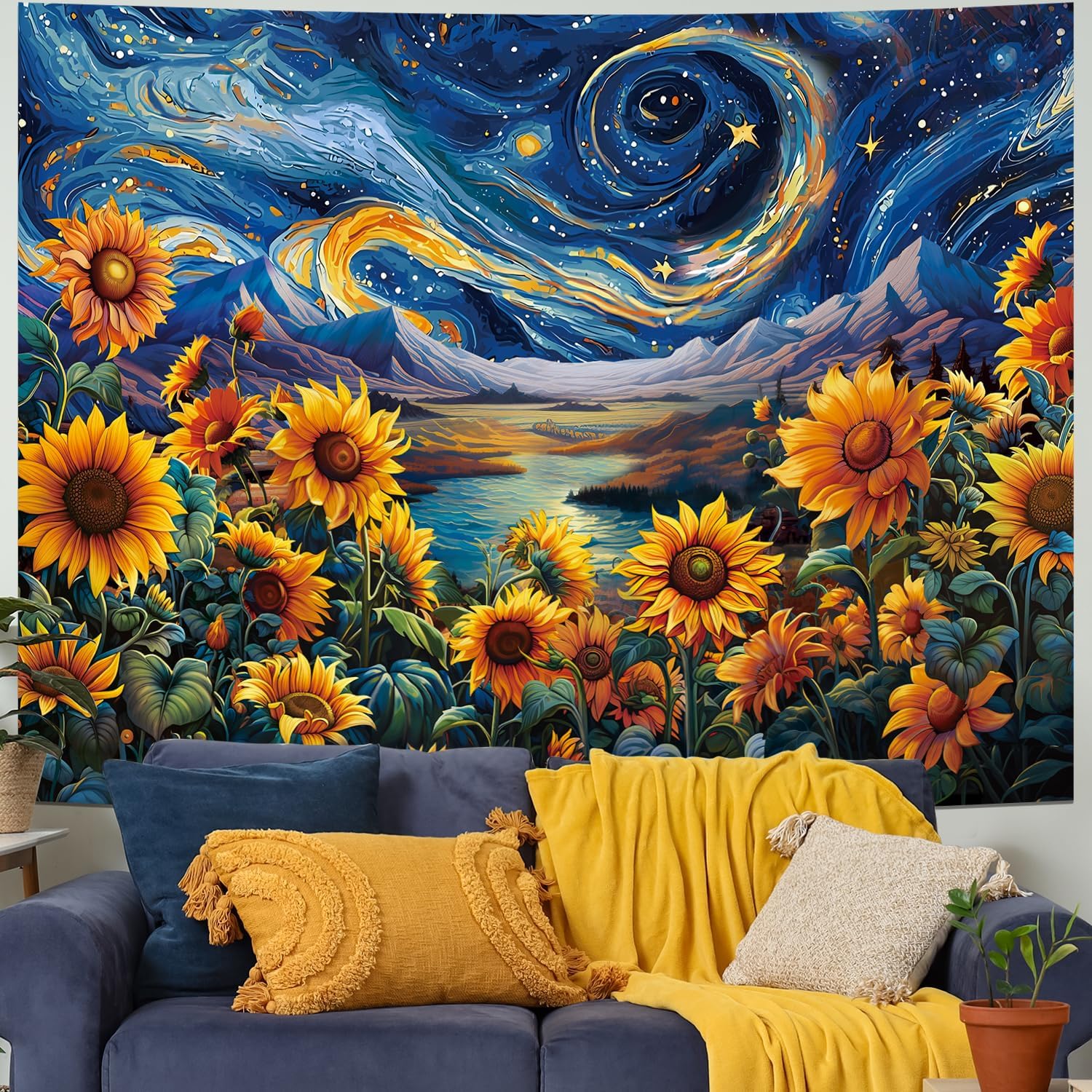 Yuiqear Sunflower Starry Sky Tapestry Galaxy Space Tapestries Mysterious Mountain River Wall Decor Fantasy Landscape Tapestry for Bedroom 51.2 L x 59.1 W