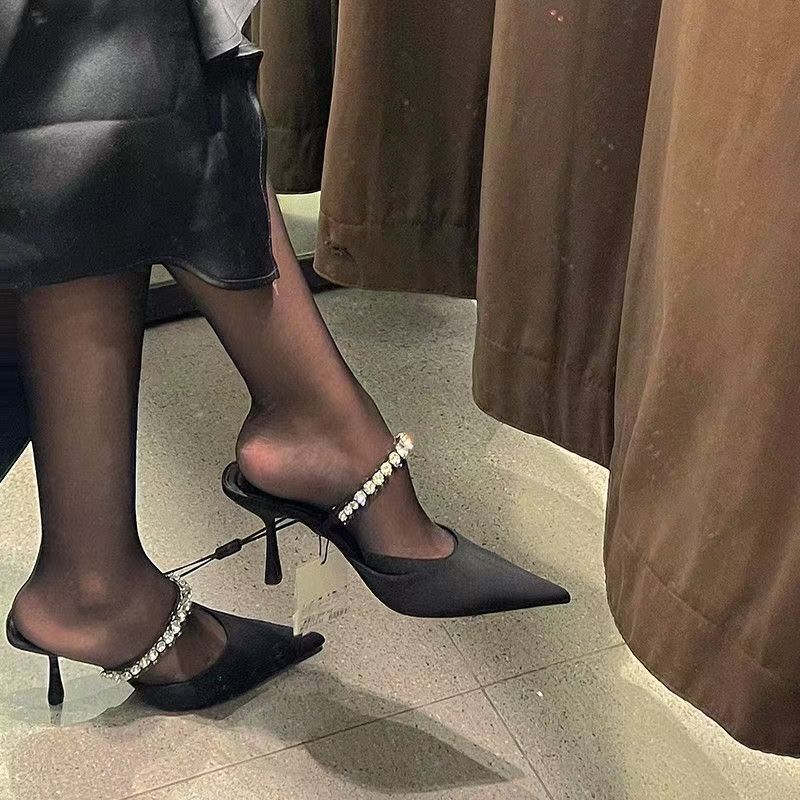 2025 Summer New Thin Heel Pointed Head Outer Wear Bag Head Half Tray Shoes Women's Hollow Cool Slippers Heightening Non-slip High Heels