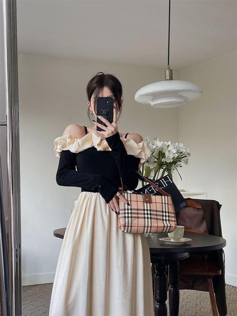 Elegant One-Shoulder Color Block Spaghetti Strap Dress – Women's Slimming, Waist-Cinched Long Dress for Early Spring