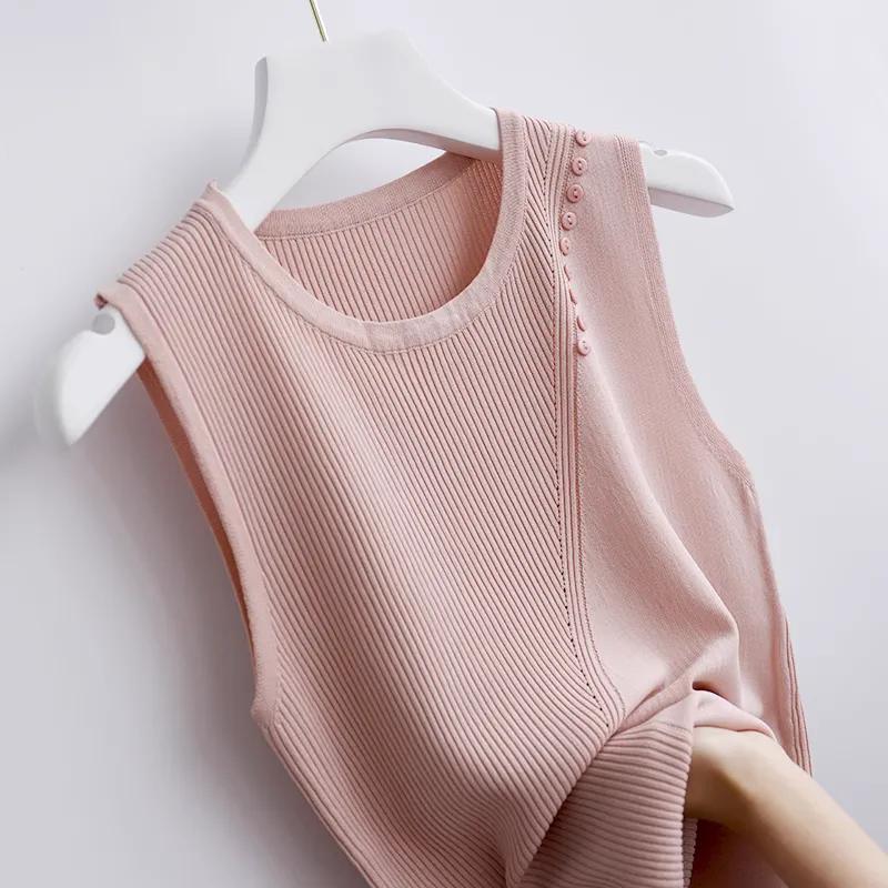 WTEMPO Women Spring Summer Knitted Camisole Vests Outerwear Loose Short Base Shirts Stylish Round Collar Sleeveless Tops