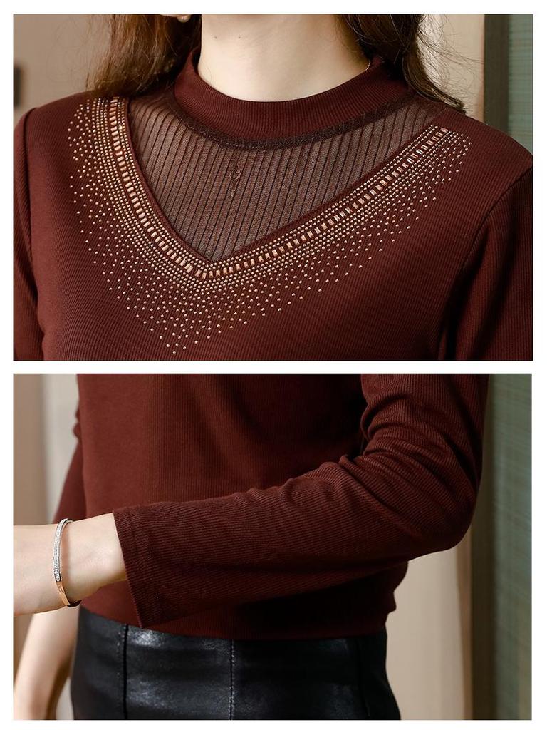 2023 Autumn/Winter Slim Half-High Collar Shirt with Stylish Hot Diamond Detailing