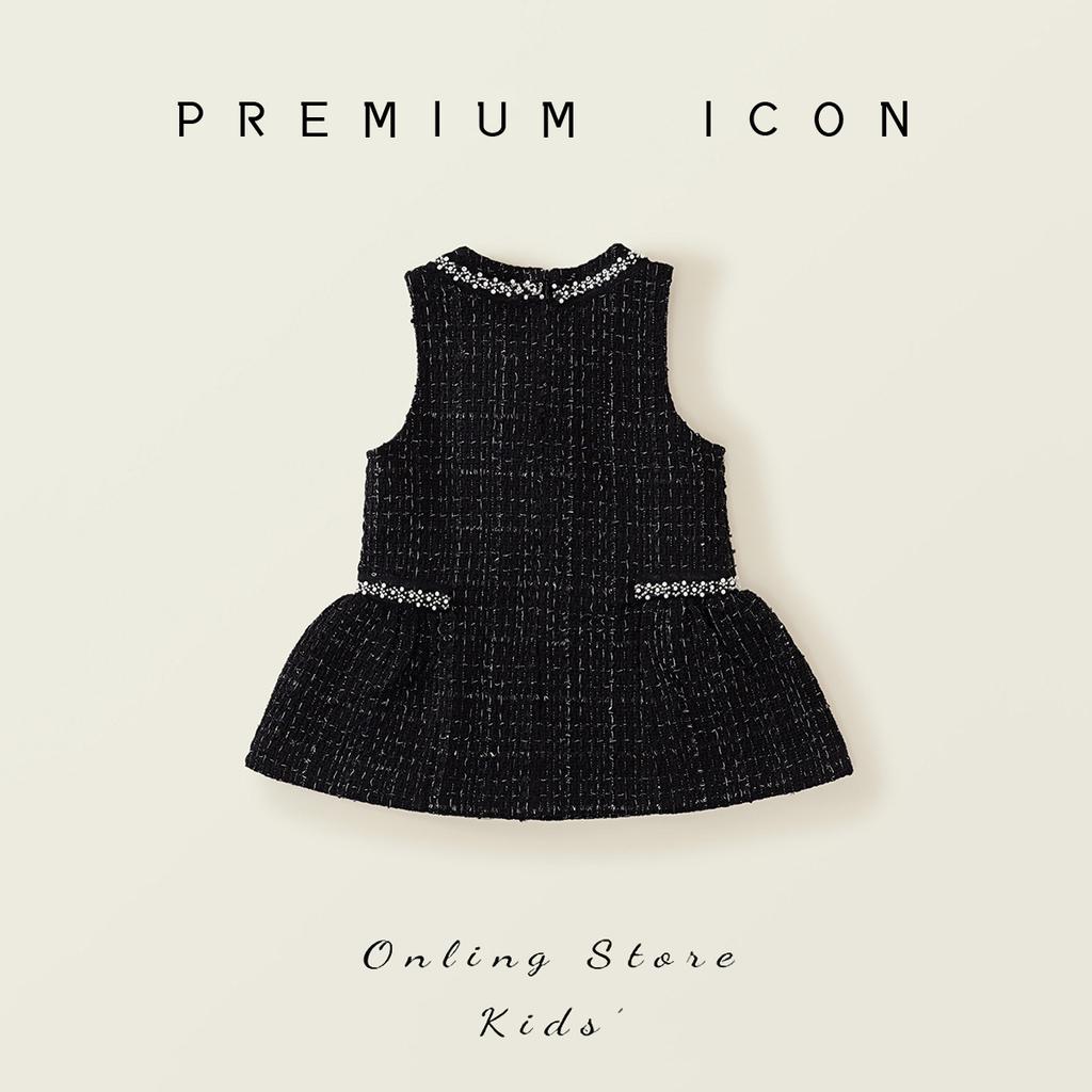 Mädchen Kleidung Ärmellose Weste Kleid Frühling Neu Kinder Leichter Luxus Schwarzer Strass Schwarzes Kleid