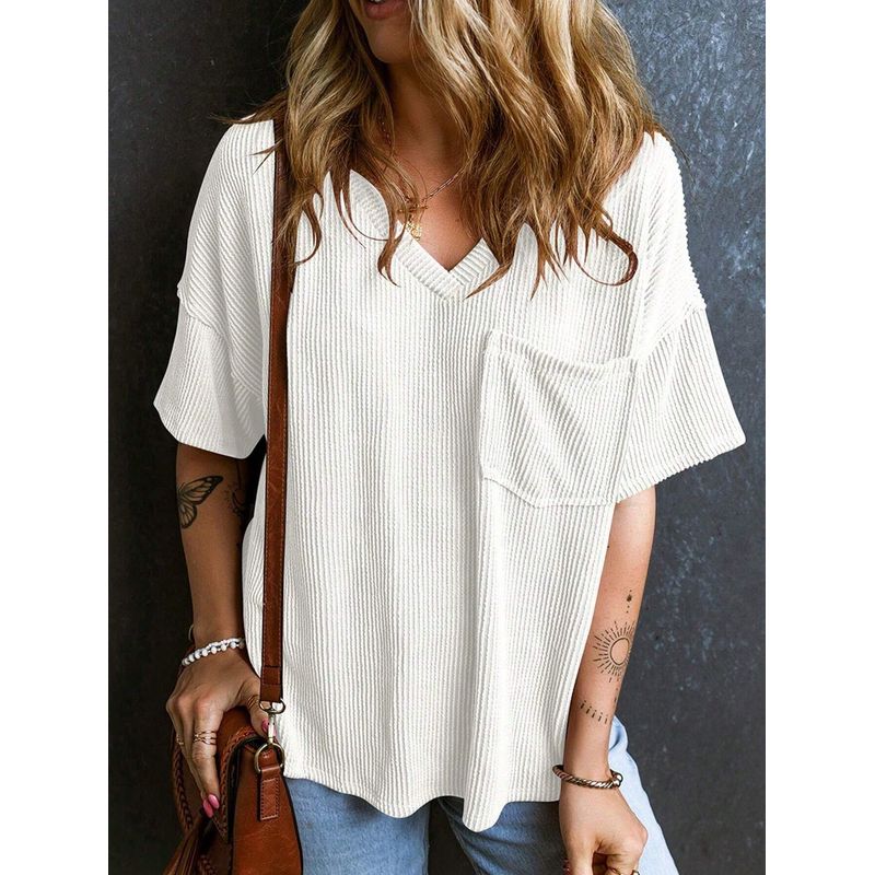 

2025 Fashion Short Sleeve V-neck Top Short Sleeve V Neck Tops White M
