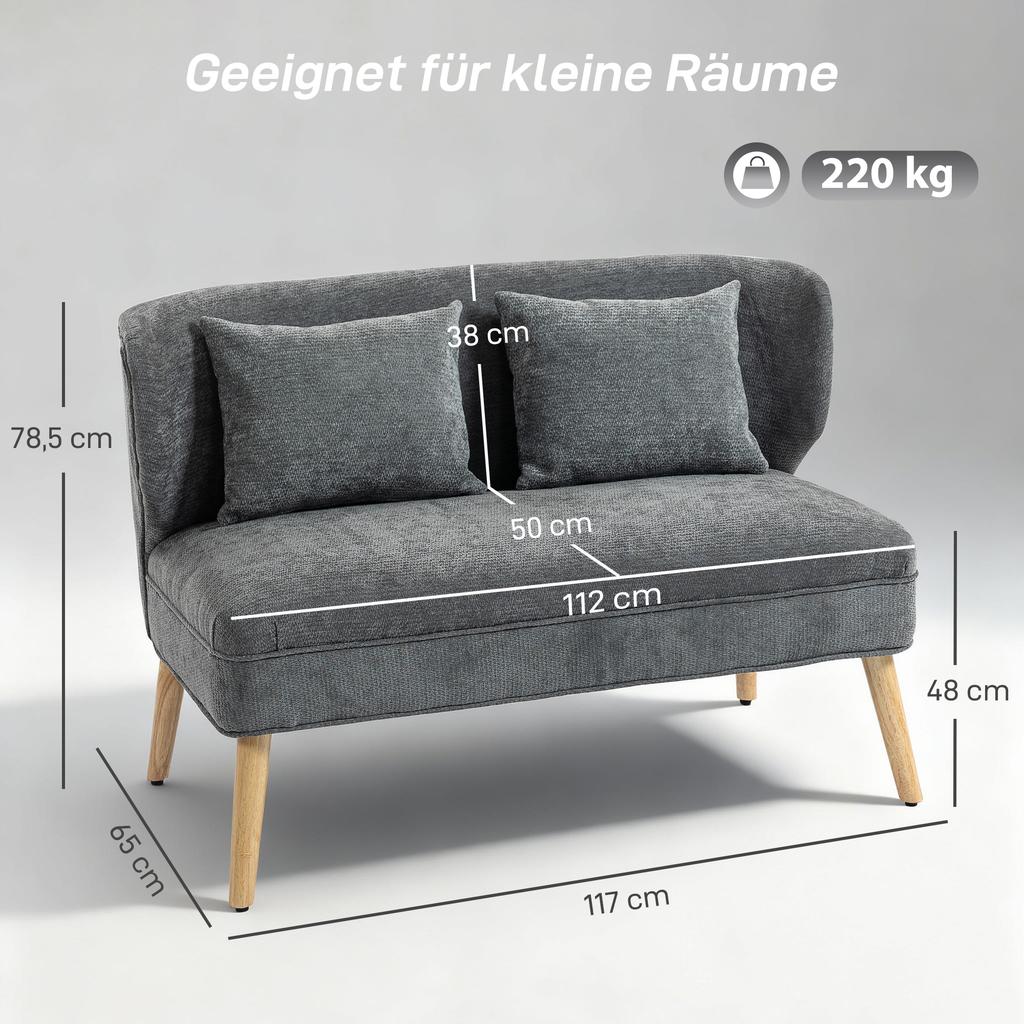 2-Seater Sofa, Small Chenille Sofa with Wingback, Thick Seat, Rubberwood Legs, Grey