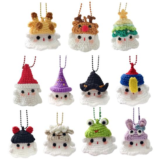 Halloween Crochet Ghost Ornament Cute Handmade Knitted Frog/Cat/Spider/Strawberry Ghost Hanging Decoration for Car Rearview Mirror Bag Charm