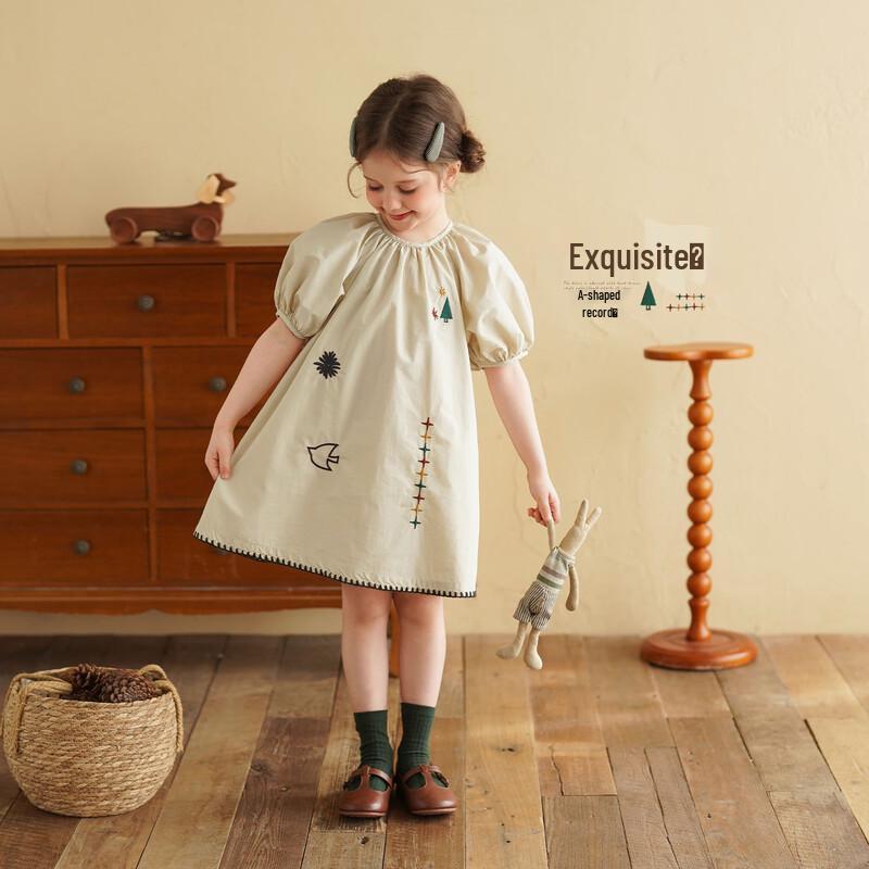Girls Retro Embroidered Bubble Sleeve Dress L