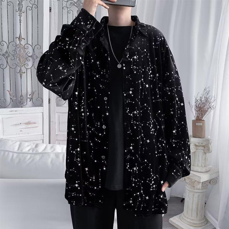 Spring and Autumn Black Starry Sky Elastic Draping Shirt Men's Casual Loose Outer Wear Shiny Shirt Youth Fashion Cardigan