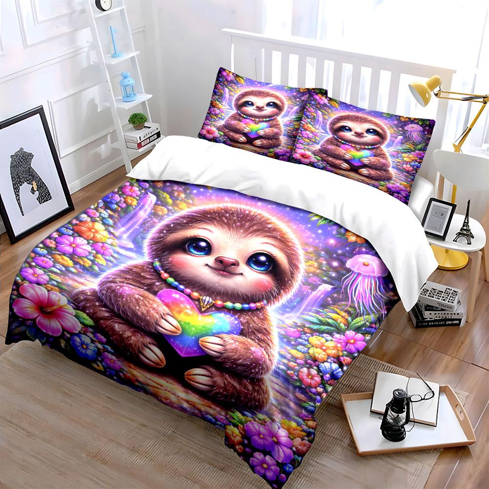 Dreamy Forest Sloth Rainbow Heart Printed Duvet Cover Set1 Duvet Cover+2 Pillowcasemulti Size Bedroom Bedding Decor