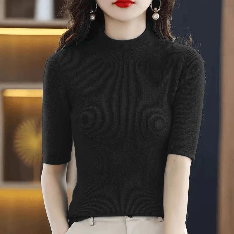 Women's Angola Red Slim Fit Knitted Pullover Sweater with Half-High Neck & Five-Sleeves for Spring & Autumn 2025.