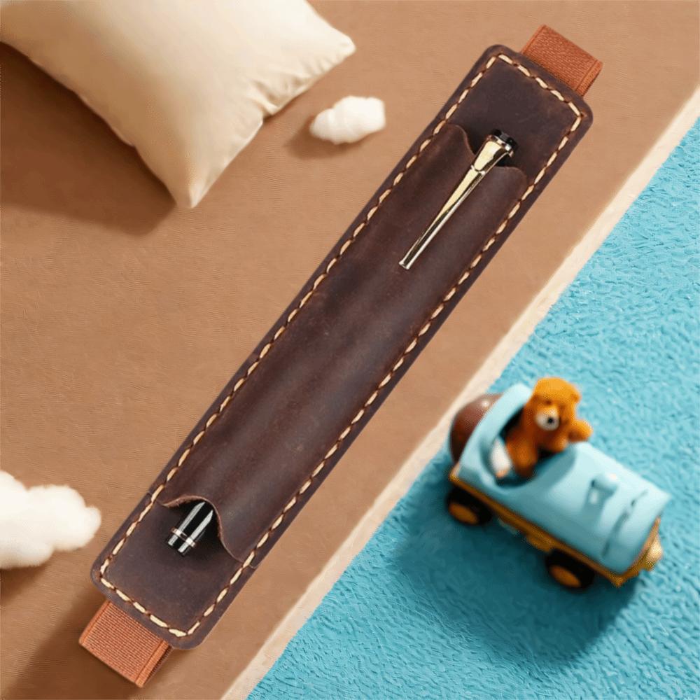 Elastic Band Pen Case Holder Crazy Horse Leather Portable Pen Pouch Leather Pencil Bag  Anime Fan