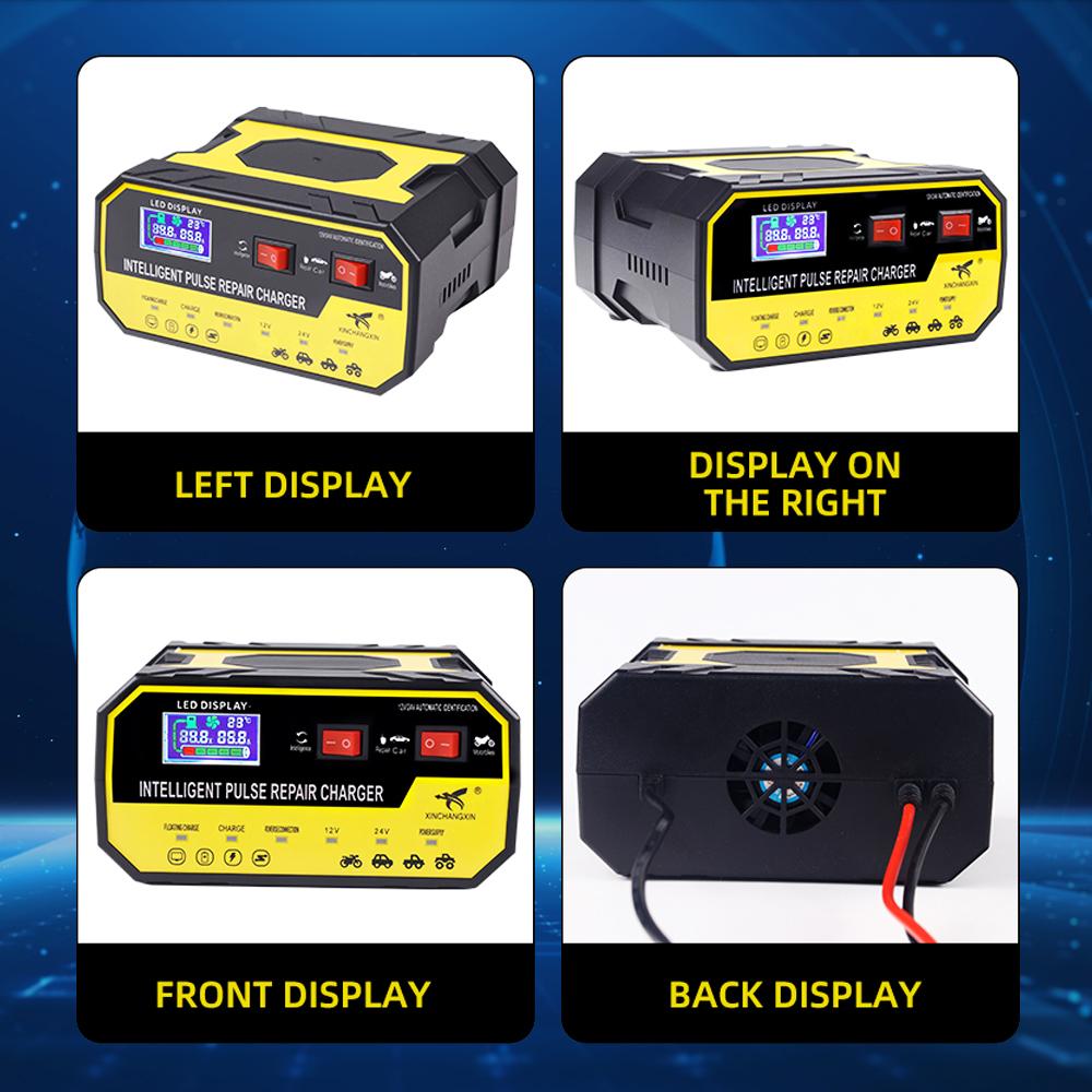 EU-Stecker Überspannungsschutz Intelligente Pulsreparatur Multifunktional 12V 24V 8A Autobatterieladegerät Automatischer Stopp Spannungs- und Temperaturerkennung