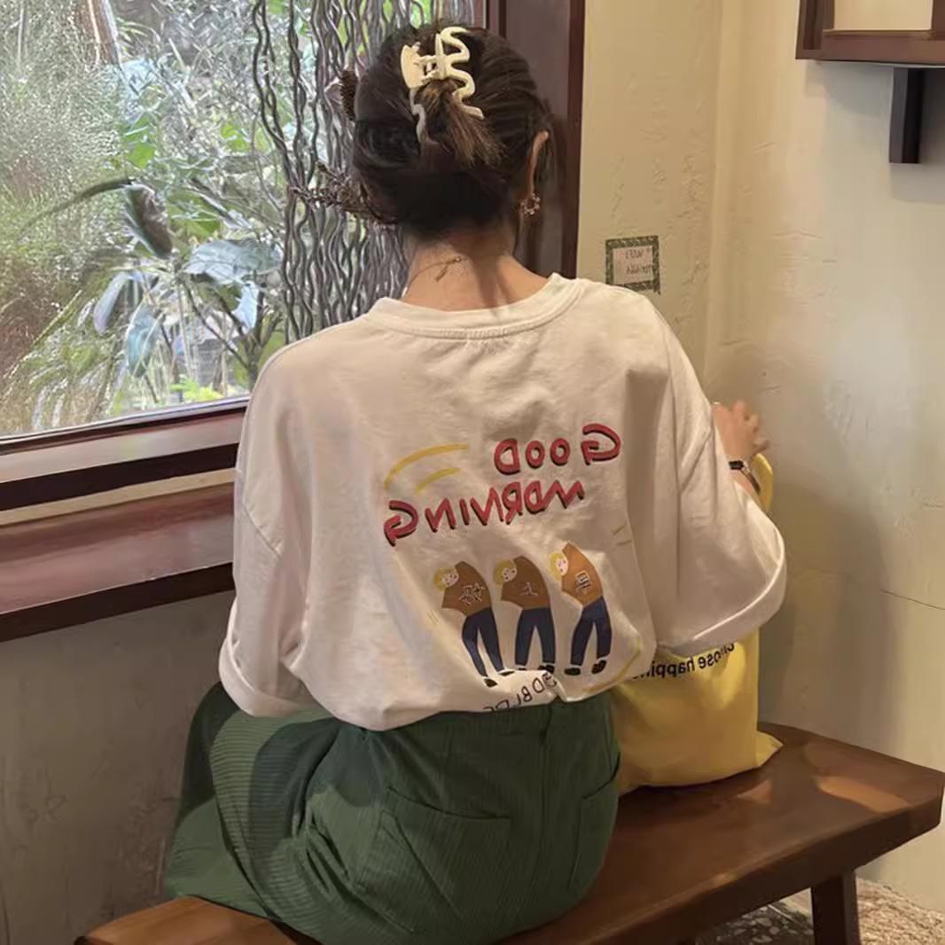 

Женская футболка с короткими рукавами и прямыми плечами в гонконгском стиле больших размеров, уникальный американский дизайн, 2-300 цзинь, свободный крой для лета 3XL (145-160 jin) белый