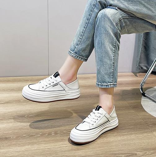 Fashion 4CM Genuine Leather Spell Color Fashion Casual Sneakers 2025 Popular Comfortable Flat Thick Sole Women Sneakers Trend Shoes