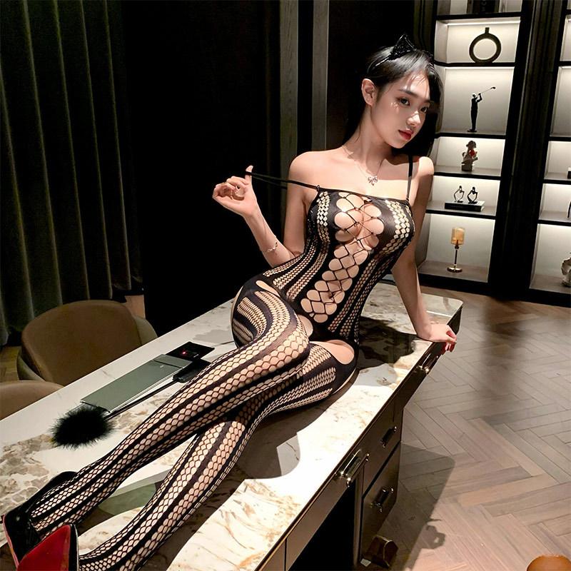 Sexy lingerie Sexy open crotch one-piece mesh black stockings suit uniform seduction lace hot passion