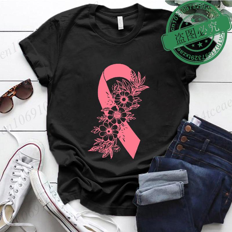 Breast Cancer Awareness Shirt Pink Ribbon Floral TShirts Support Cancer Fighter Womens Clothing Breast Cancer Survivor Tops
