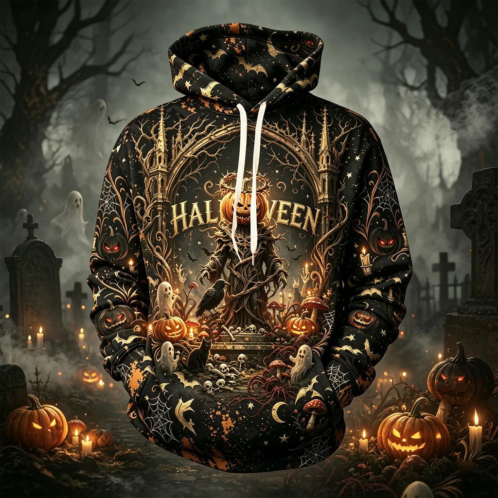Men's Casual Hoodie Long Sleeve Sweatshirt with Halloween Graphic Print for Fall