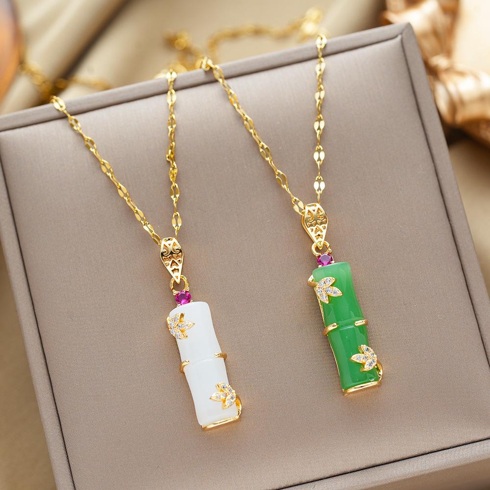 Golden Chalcedony Titanium Steel Bamboo Pendant Necklace For Women Minimalist Luxury Elegant Necklace