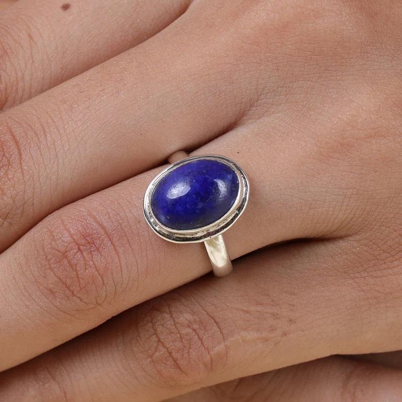 Lapis lazuli Oval Gemstone Ring, Solid 925 Sterling Silver Ring, Bezel Ring, Birthday Anniversary Gift, Designer Ring