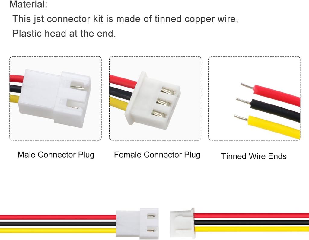 Set of 20 Pairs JST XH 2.54 3-Pin Connectors with 150 mm 22AWG Cable – Male and Female Plug for Electronic Projects, Lipo Batteries