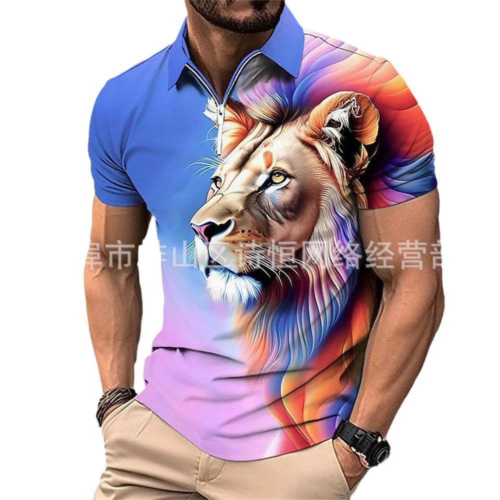 Independent Station Men'S Trend Cool Lion 3D Digital Printing Polo Personalized Short Sleeve Top