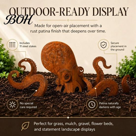 Rust-mottled Octopus Ornament Rust Patina Giant Squid Garden Sculpture, Handmade Metal Statue for Beachfront Villa Decoration Outdoor Lawn, Patio, and
