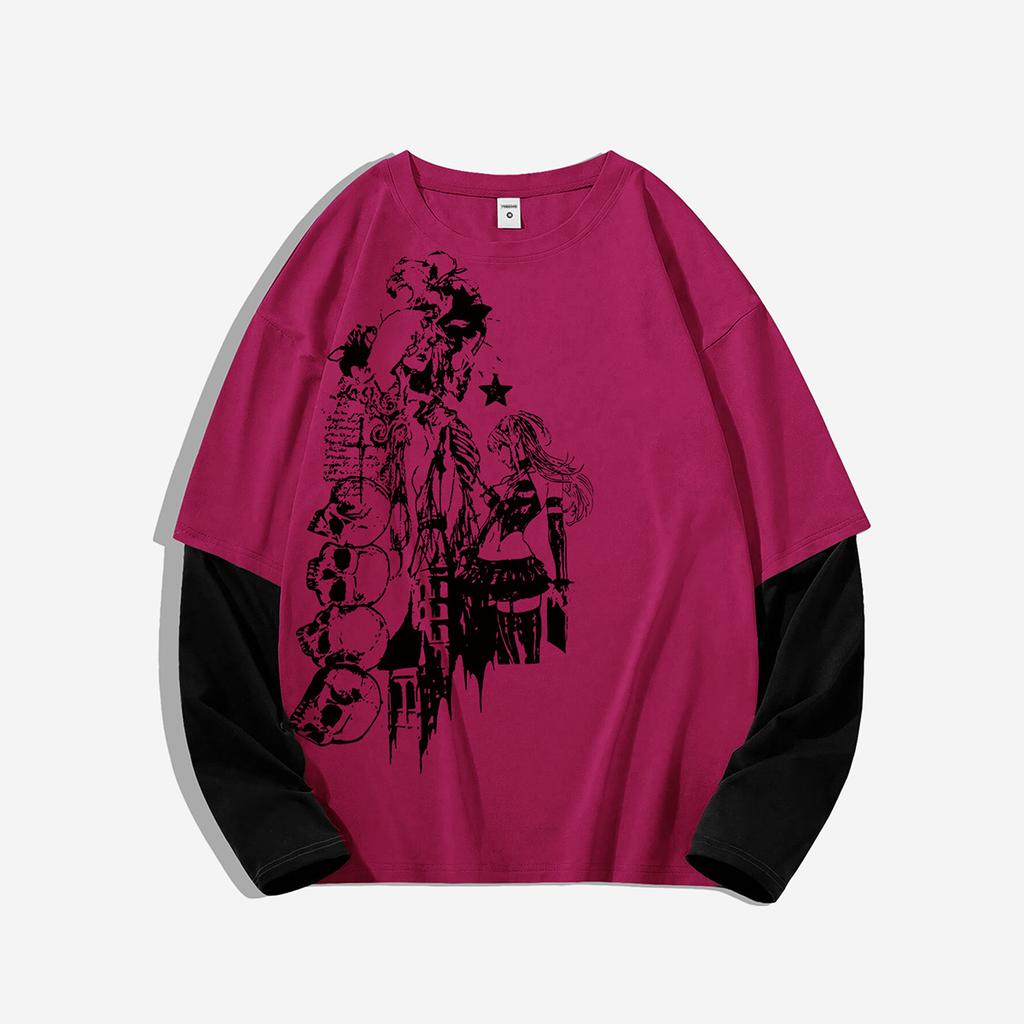 Dark Skeleton Two-Piece Long-Sleeve T-Shirt: Subculture Punk Streetwear, Perfect for Couples