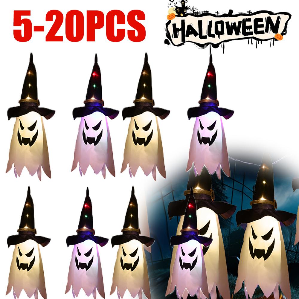 5-20PCS Halloween LED Flashing Light Hanging Ghost Halloween Party Dress Up Glowing Wizard Hat Lamp Horror Props Home Bar Decor