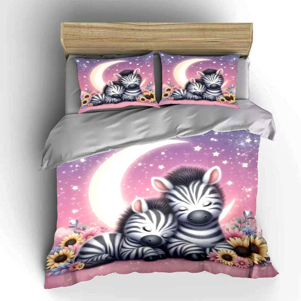 Dreamy Zebras Cuddling Together Duvet Cover Set With 3D Printing Design Soft Polyester Bedding Set All-Season Comfort