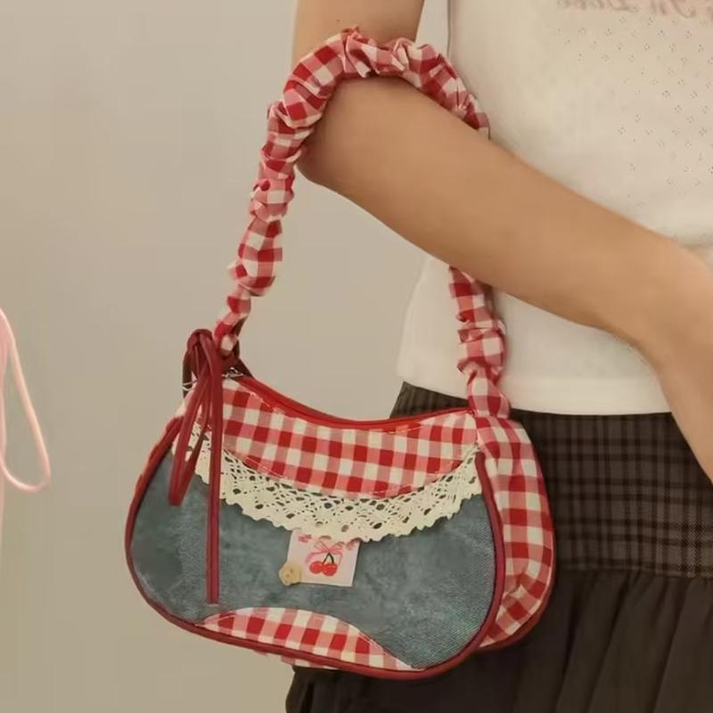 Korean Color-blocked Handbag Red Plaid Denim Patchwork Shoulder Bag Y2k Lace Crossbody Bag Sweet Girl Zipper Small Square Bag