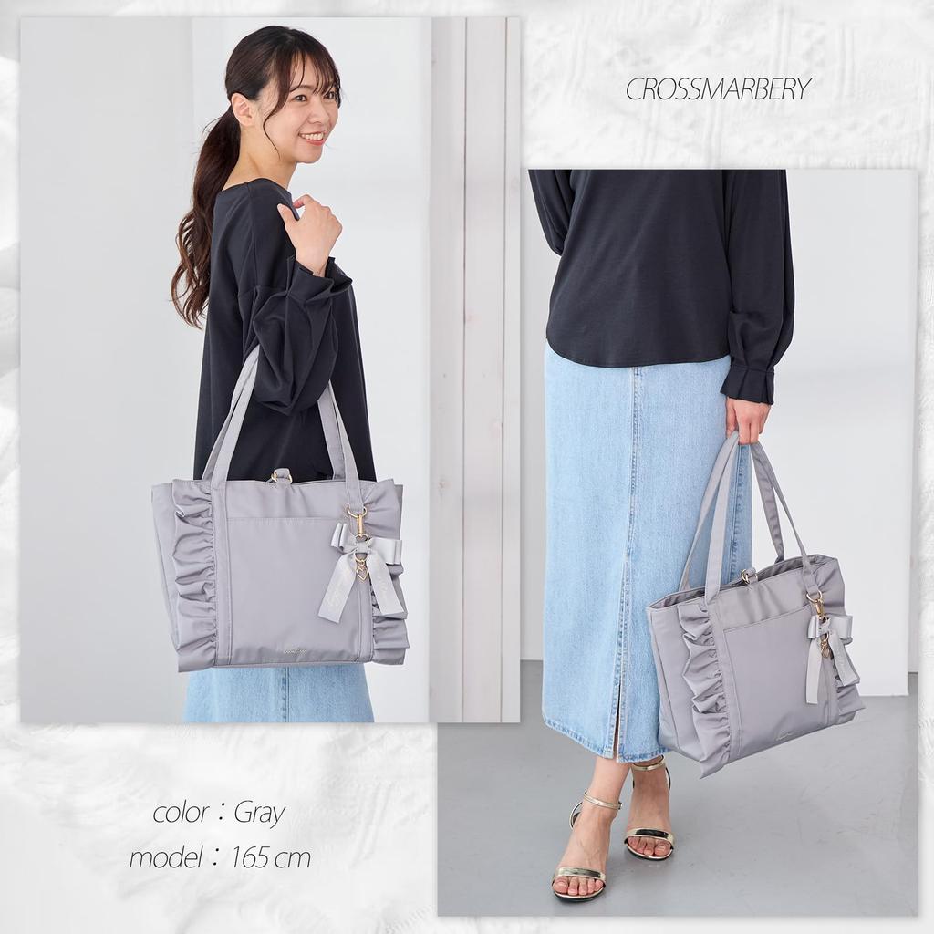 Crossmarberry Ribbon Tote Bag, A4 Size, Women's, Large, Lightweight, Frilled, Shoulder Bag, Handbag, Carry-on, Large Capacity, Perfect for Commuting,
