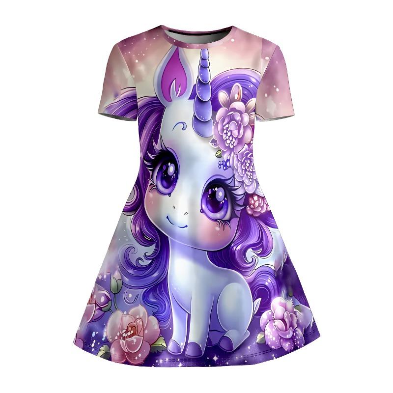 Lila Blume Einhorn Print T-Shirt Kleid für Mädchen, Ein glänzendes Freizeitkleid für Tierliebhaber Kinder, Geeignet für Geburtstagsgeschenke