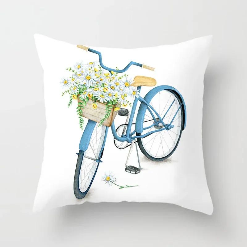 Kissenbezug für Wohnzimmer und Schlafzimmer, Polyester-Kissenbezug mit Blumen- und Fahrradmuster, Kissenbezug, Funda de Almohada
