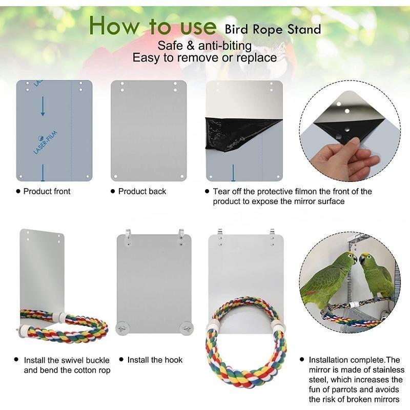Guacamayos Pinzones Periquito Pequeño Soporte de Cuerda para Loro Suministros para Mascotas Pájaro Espejo con Percha Jaula Columpio Juguete
