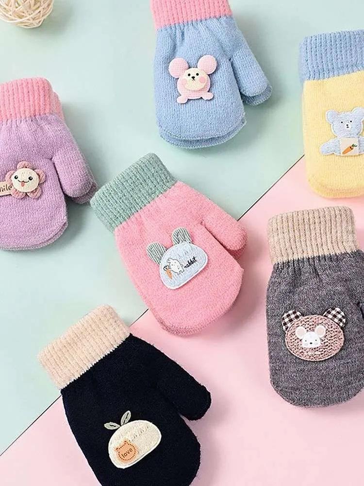 Lanyard Baby Gloves Infant Cartoon Knitted Warm Plus Velvet Thickened Winter Children's Cute Cartoon Gloves