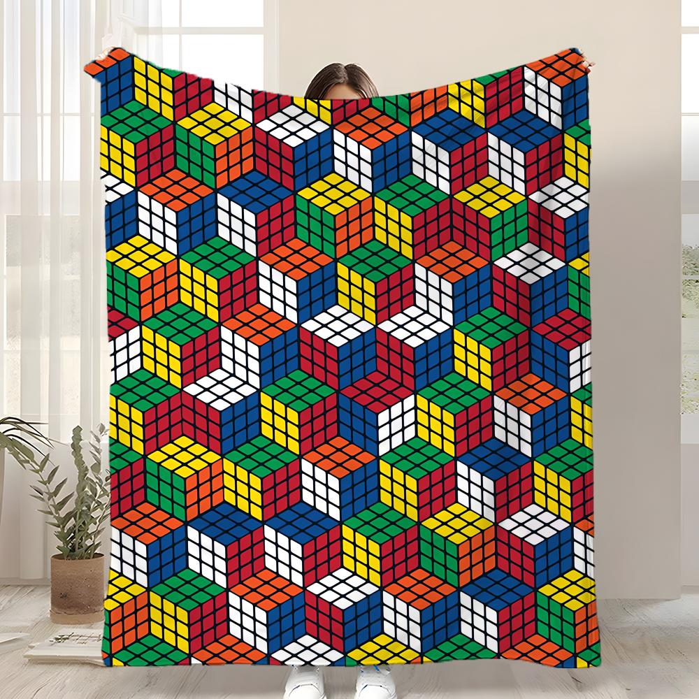 Cute cartoon style Rubik's cube Throw Kid-Friendly Flannel Throw Blanket Soft Warm Anti-Static Washable All Season