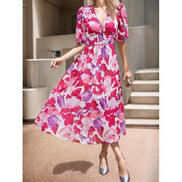 Summer Casual Boho Floral Print Midi Dress Women V Neck Short Sleeve Holiday Long Dress Fashion