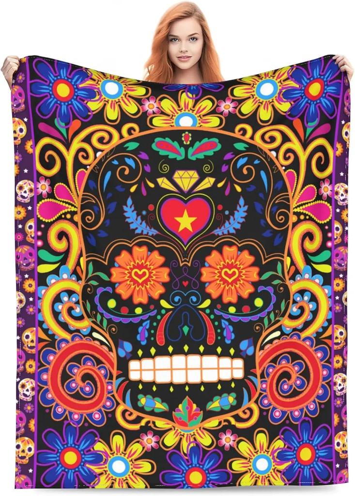 GDEVIG Day of The Dead Plush Throw Blanket Lightweight Comfy Premium Flannel UltraSoft Skull Skeleton Blanket All Season Use