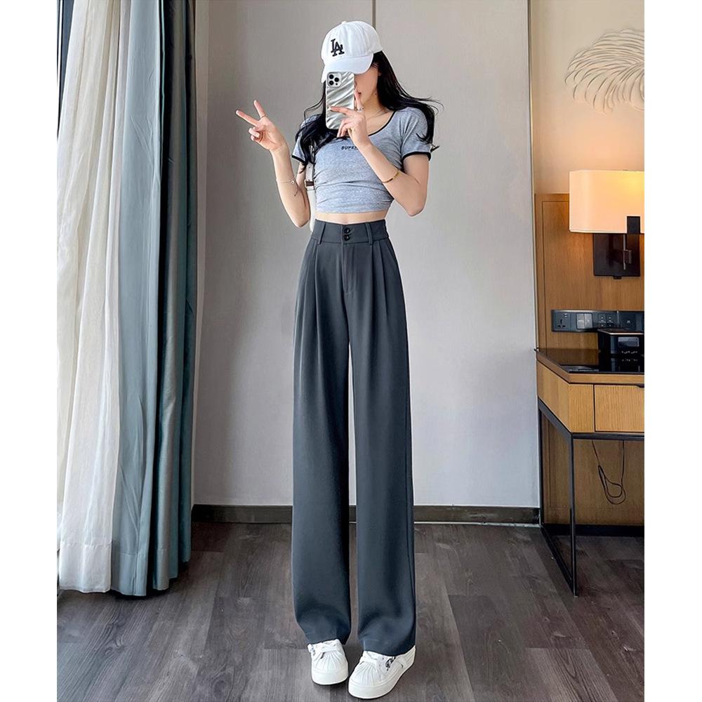 New Arrival Summer Ice Silk Suit Pants for Women with High Waist Wide Legs Drooping Pear-shaped Body Relaxed Straight Versatile Trousers