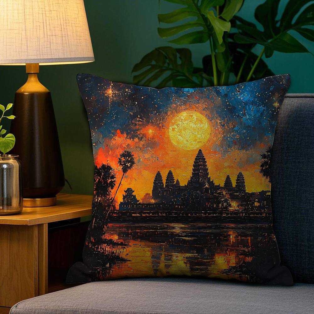 Angkor Wat Pillow Case Anti-dustmite Pillowcase Invisible Zipper Silky Short Plush Sofa Cushion Cover