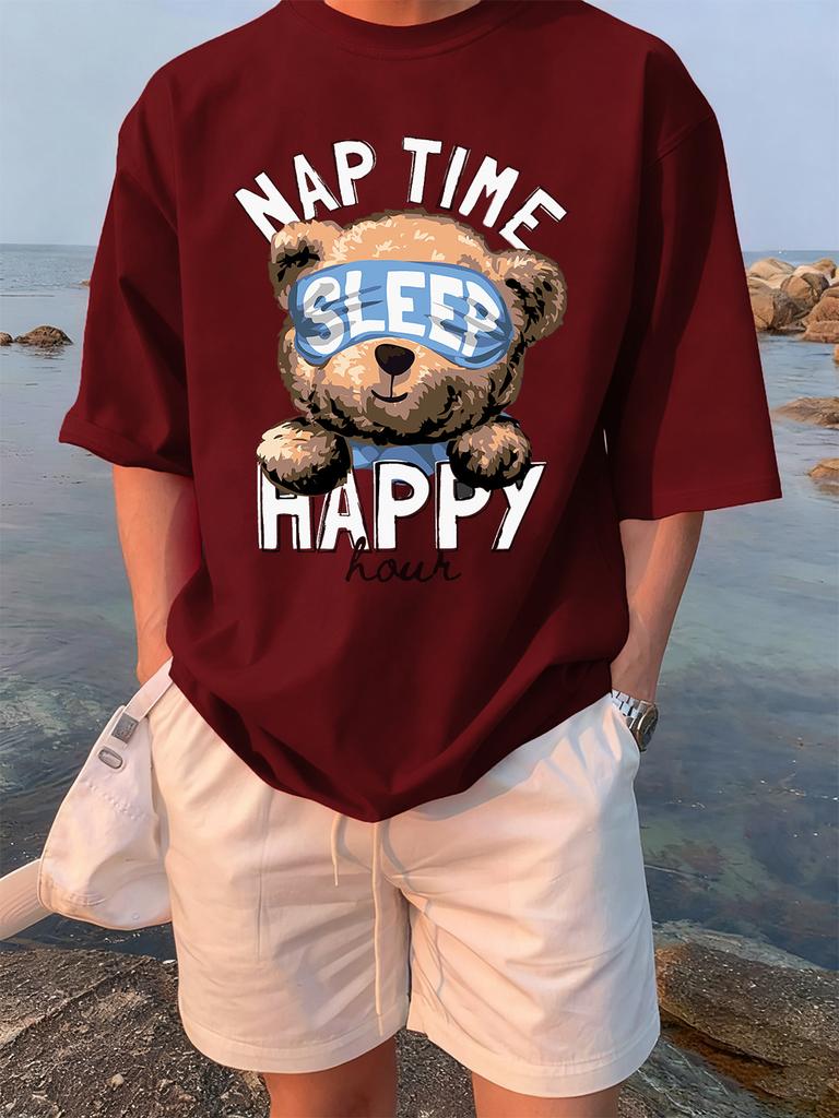 Cartoon Bear Nap Time Happy Prints TShirts Womens Cotton Summer Short Sleeve Tees Soft Loose ONeck Tops Casual Womans Clothes