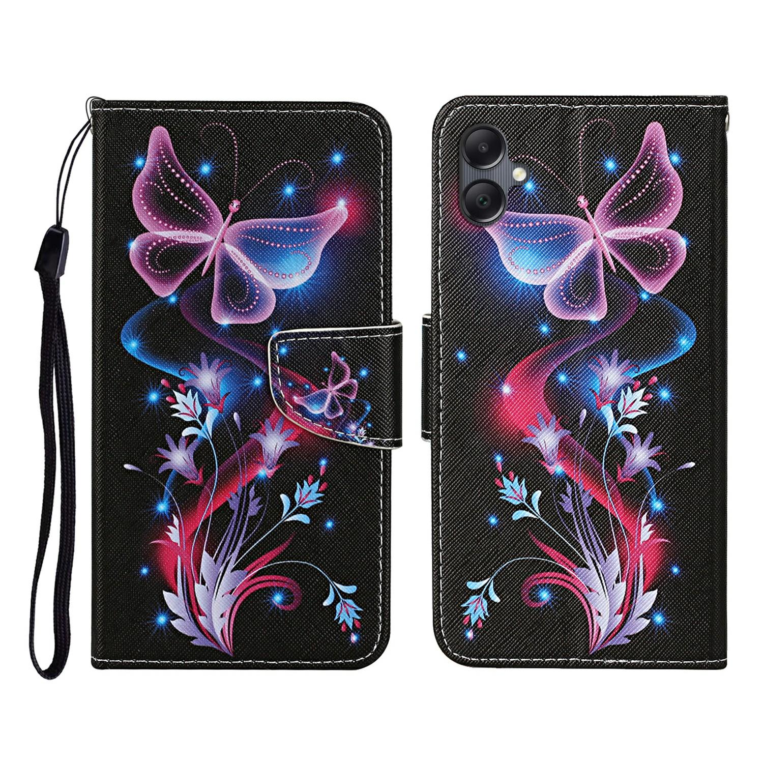 

For Samsung Galaxy A07 4G Case Pattern Printing Protective Leather Folio Phone Cover with Wrist Strap Glowing Butterfly