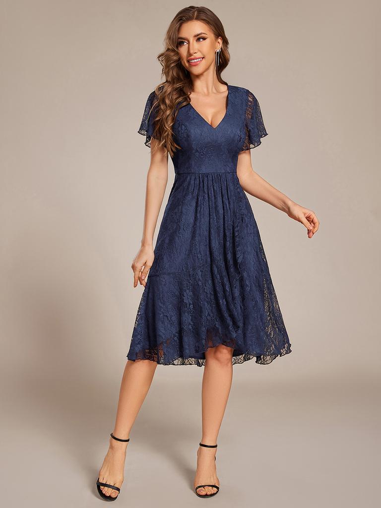 Ever-Pretty Women's V-Neck Short Sleeve Ruffled Lace Lotus Hemline Midi Wedding Guest Dress