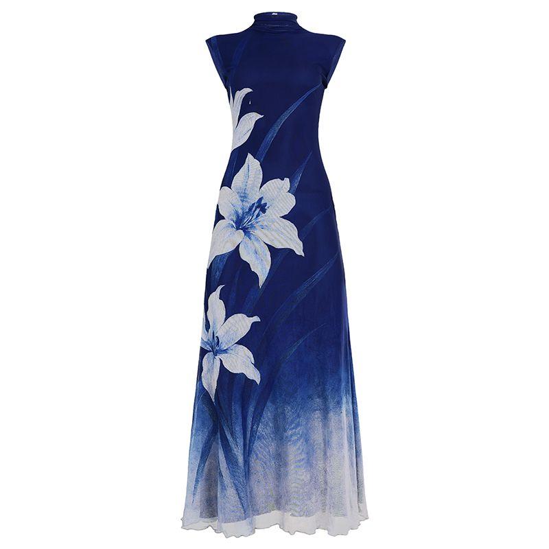 

H Home European and American Women s Clothing New Chinese Style Cold-Feeling Plant Series Florals Cheongsam Long Dress Blue Gradient Sleeveless Dress Blue L
