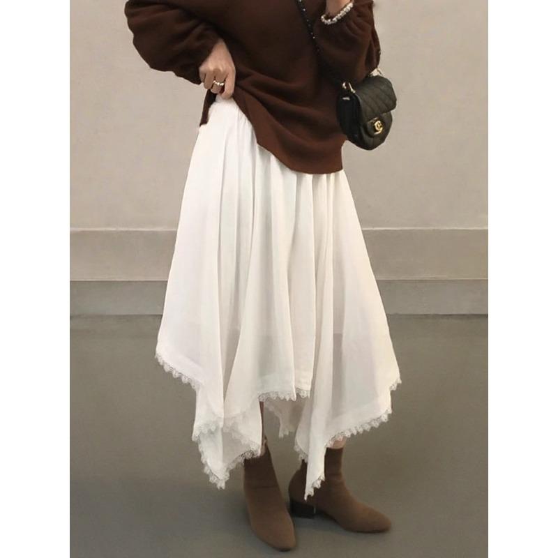 

Spring retro irregular lace hem skirt women s new elastic high waist thin a word big swing skirt One size fits all белый