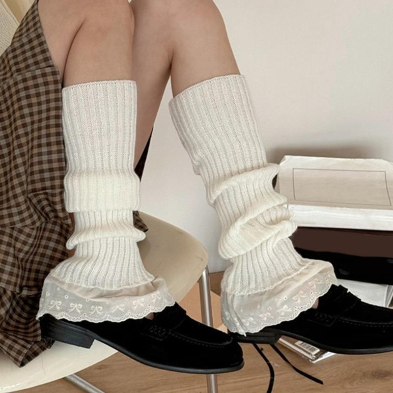 Ribbed Knitted Vertical Striped Leg Warmers Boot Cuffs Cute Ruffled Lace Hem Leg Covers Over Calf Long Socks for Women