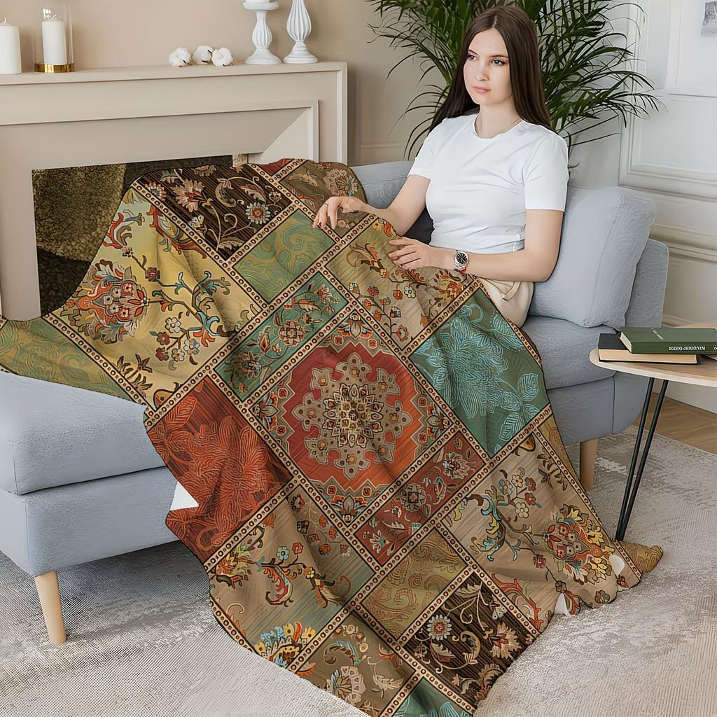 Vintage Patchwork Art Throw Small Coverlet Nap Blanket Chinese Pattern Patchwork Floral Exudes Elegance Skin-Friendly and Warm
