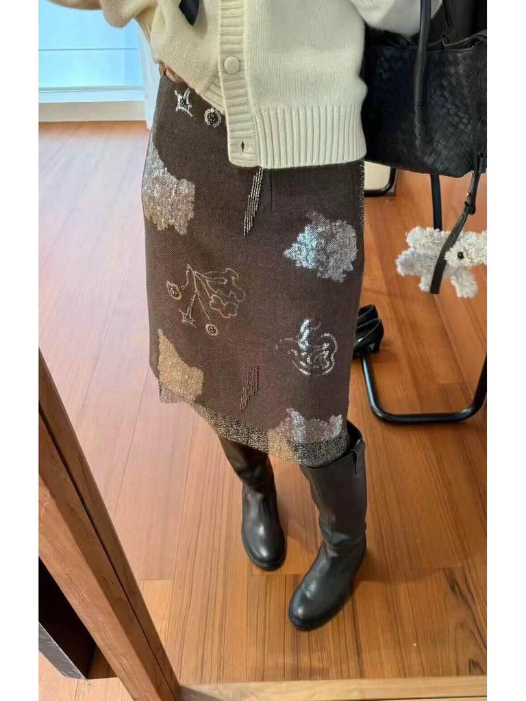 Elegant Old Money Heavy Embroidered Beaded Pencil Skirt - Quiet Luxury for Women