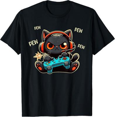 Søt Gamerkatt Spiller Videospill Pew Pew Anime Kattunge Morsom Gave Unisex T-skjorte