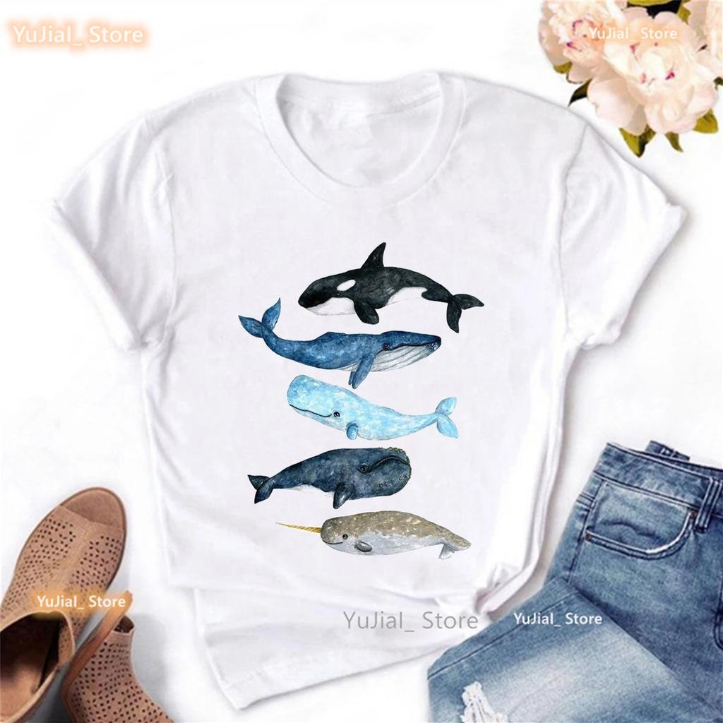 Funny Dolphin Print Tshirt Unisexs Clothing Harajuku Kawaii Clothes Whale Flowers Summer Tops Fashion T Shirt Femme